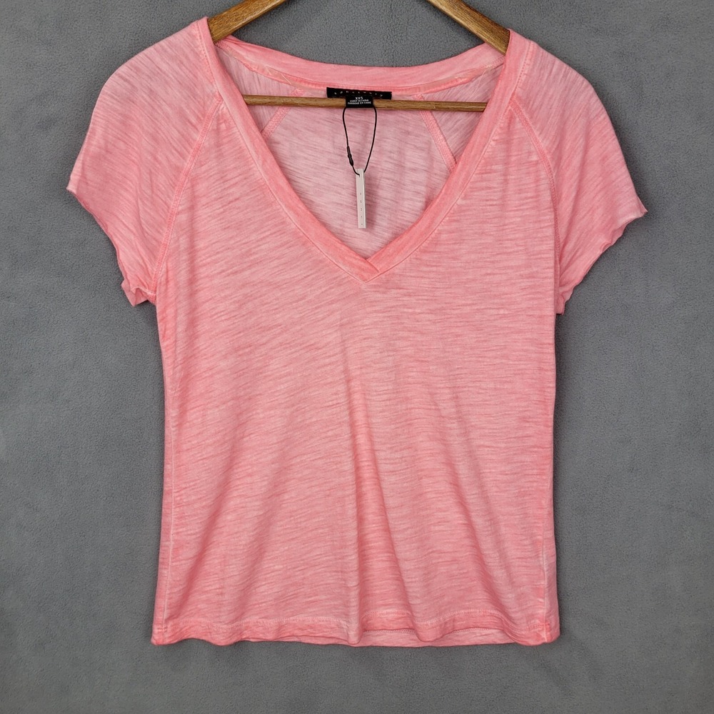 Sanctuary Blouse Top Women's 2XS Pink Cotton V-Neck Raglan Short Sleeve Pullover